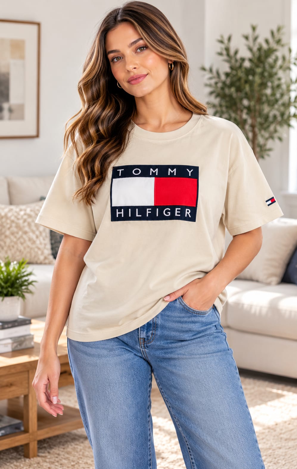 Playera para Mujer Beige Amplia Cuello Redondo Tommy Hilfiger