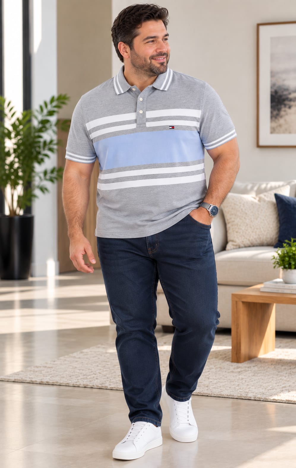 Playera para Hombre Gris con Franjas en Azul Claro y Blanco Tommy Hilfiger