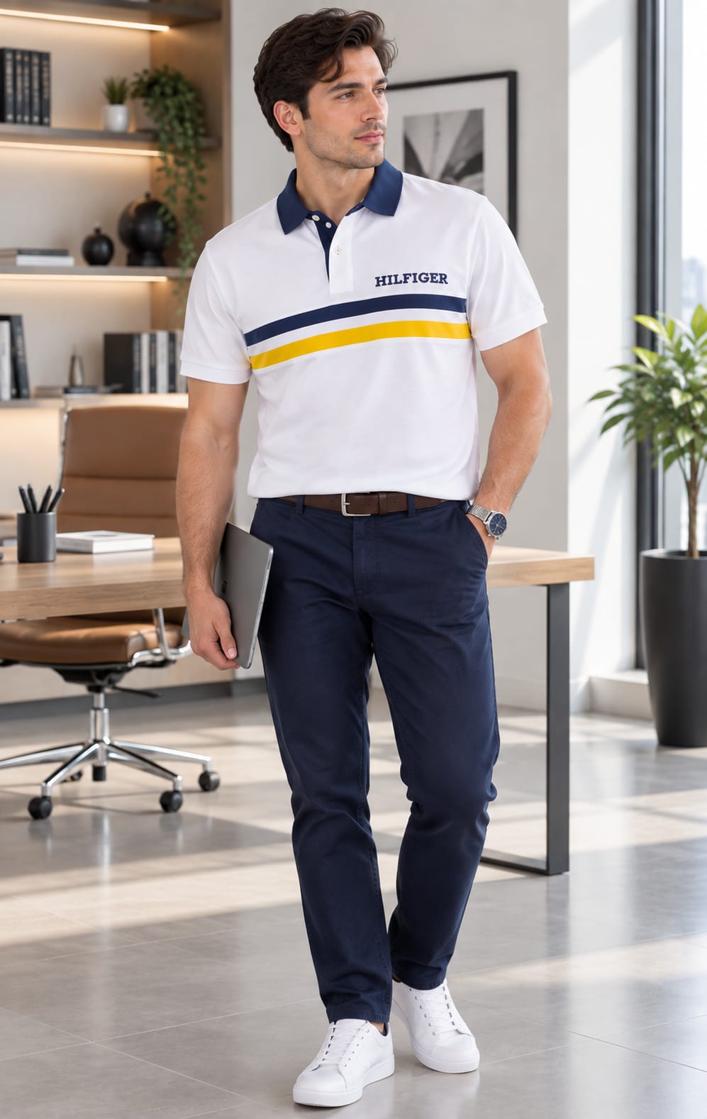 Playera para Hombre Blanca con Detalles Azul Marino y Amarillo Tommy Hilfiger