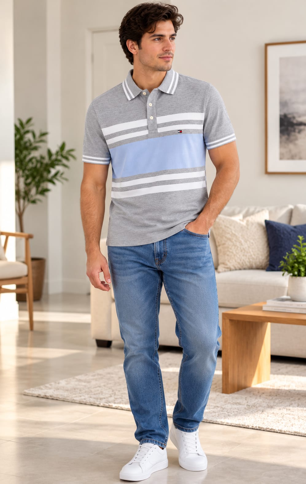 Playera para Hombre Gris con Franjas en Azul Claro y Blanco Tommy Hilfiger