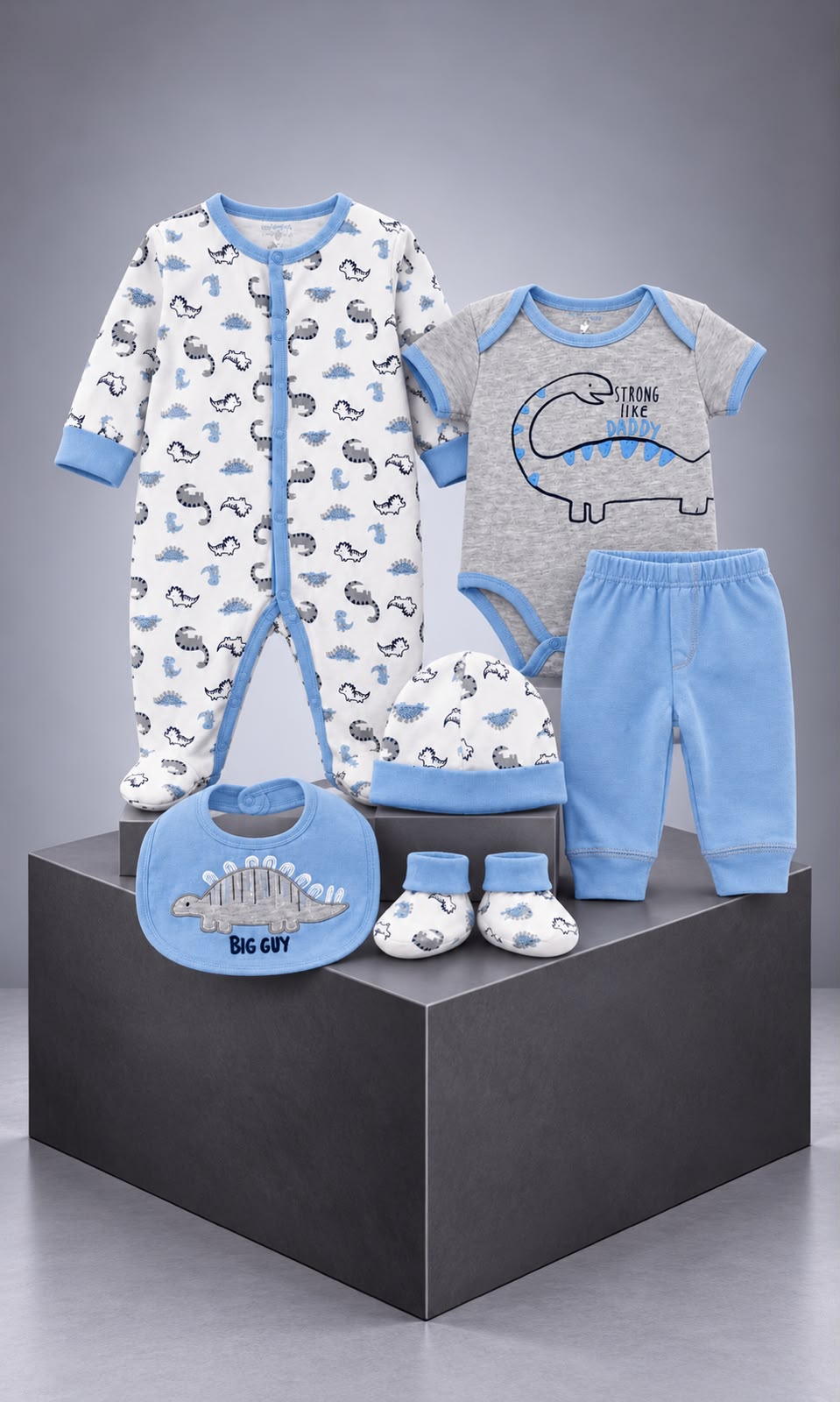 Conjunto de 7 piezas para bebé 6-9 meses azul claro, gris y blanco