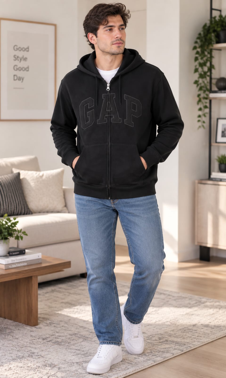 Sudadera GAP para Hombre Negra con Capucha y Cierre Frontal