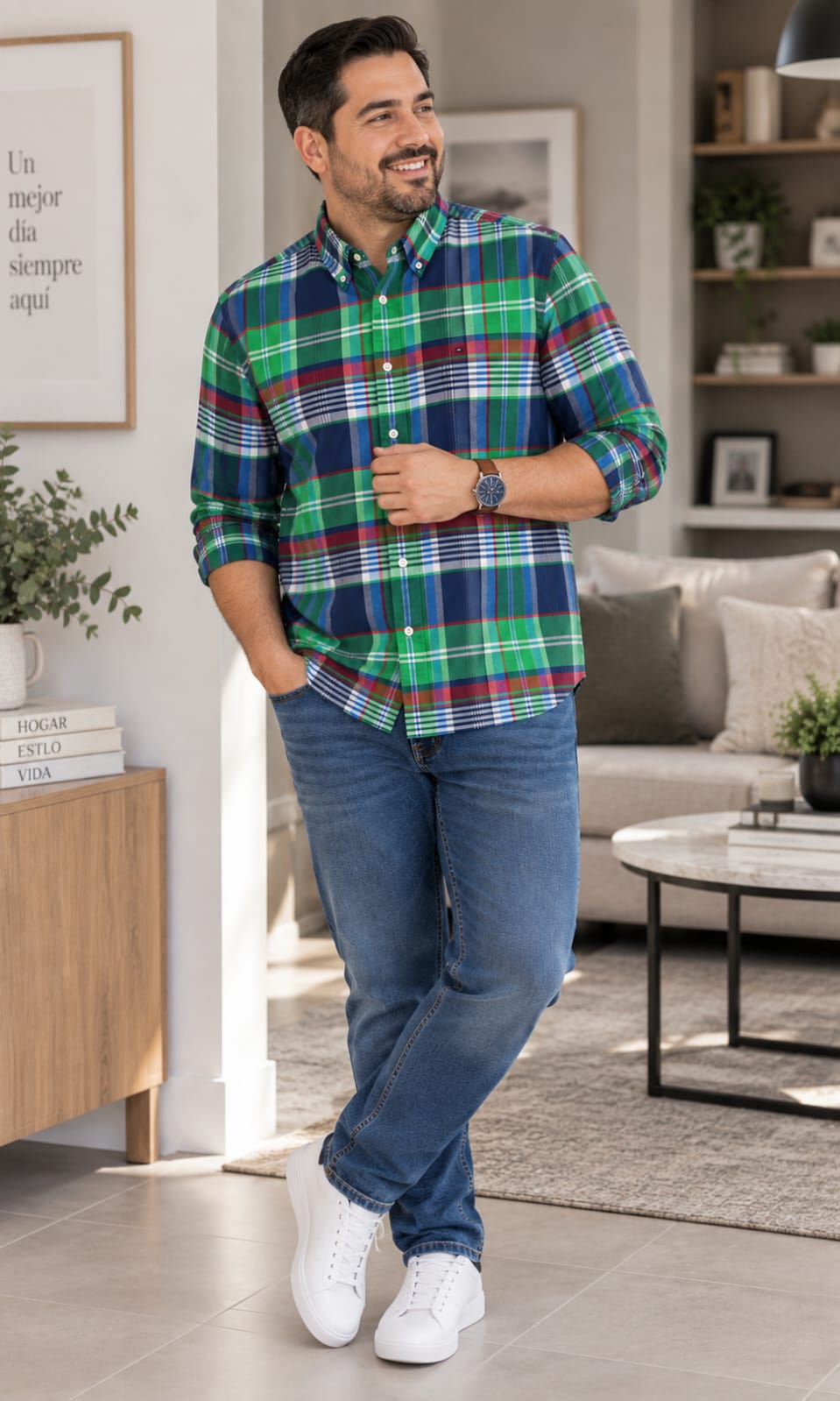 Camisa Para Hombre Color Verde Y Azul Cuadros Tommy Hilfiger