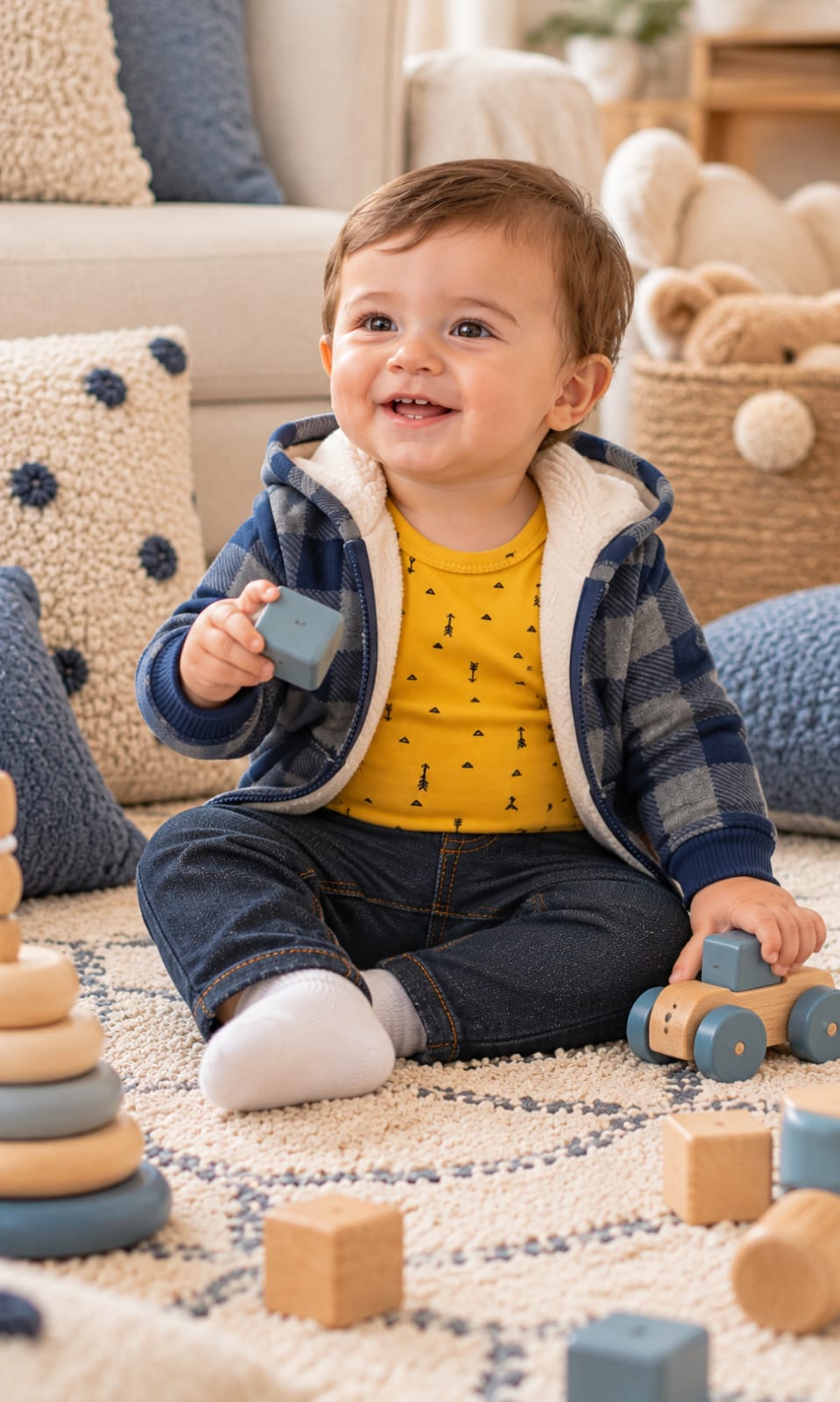 Conjunto de Pantalón, Pañalero y Chamarra Carter's para Bebé de 9 Meses en Azul Marino, Gris y Amarillo
