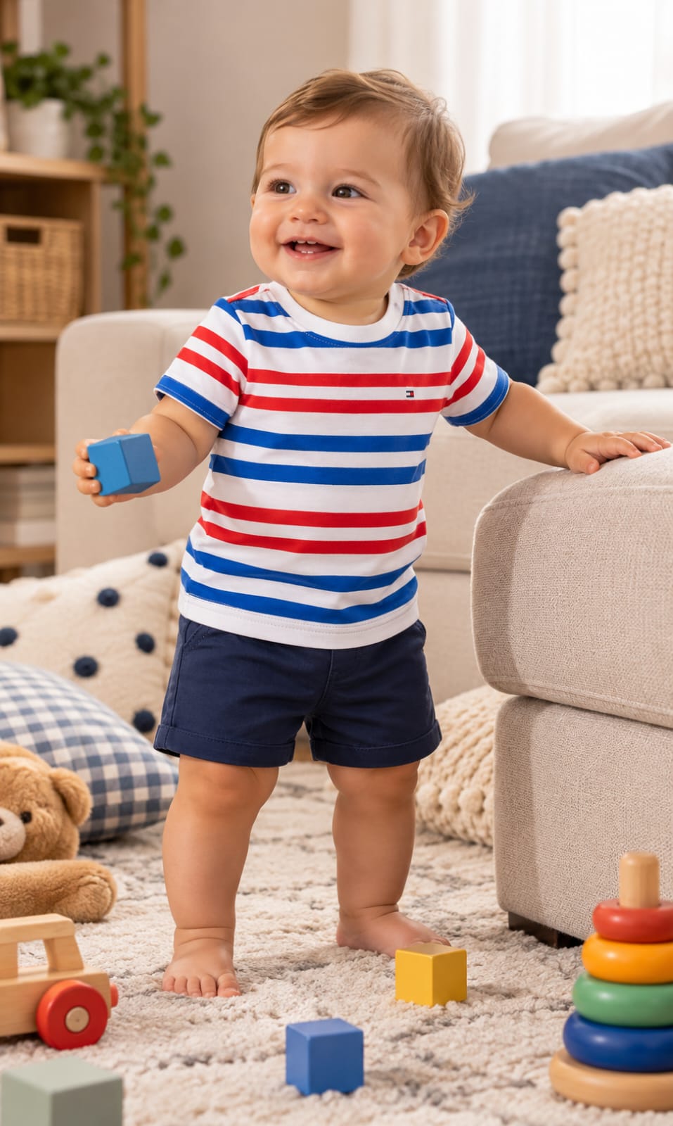 Playera de manga corta para bebé de 12 meses en blanco, azul y rojo – Tommy Hilfiger