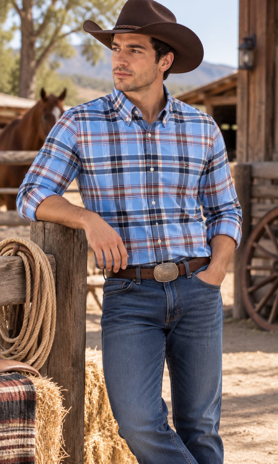 Camisa de Hombre a Cuadros Azul Claro, Blanco y Rojo Manga Larga Tommy Hilfiger