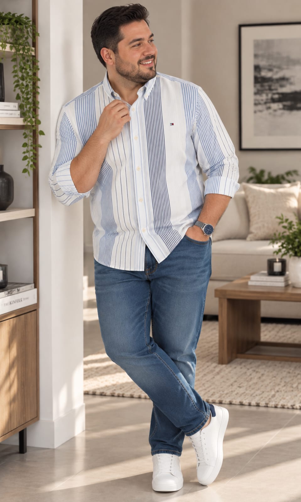 Camisa de Hombre Manga Larga Blanca con Rayas Verticales Azules Tommy Hilfiger