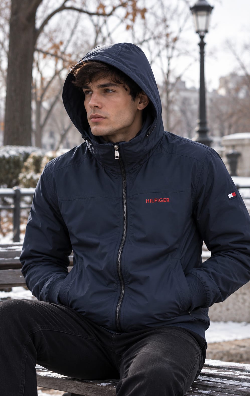 chamarra Azul Marino Para Hombre Con Gorro Impermeable
