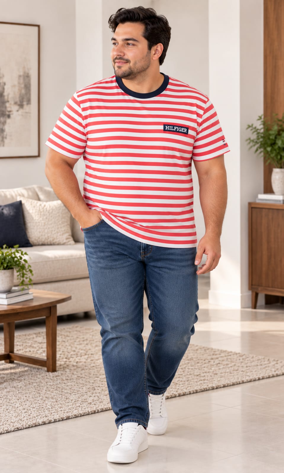 Playera de Hombre a Rayas Coral y Blanco Tommy Hilfiger