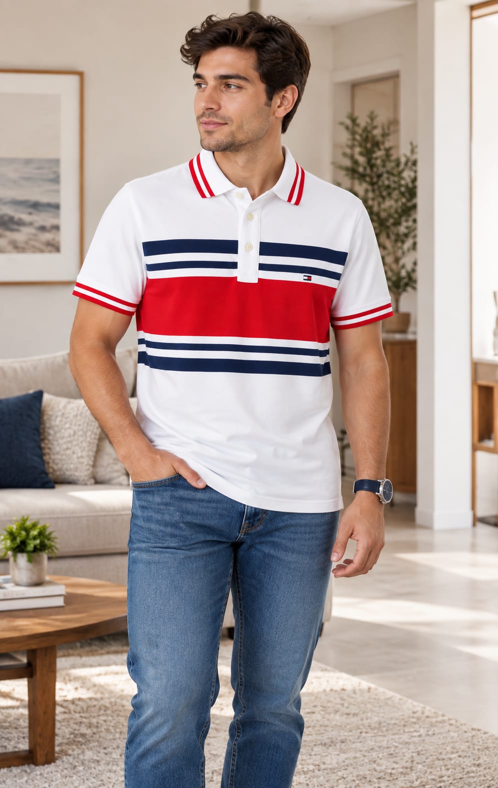 Playera Polo para Hombre Blanca con Detalles Rojo y Azul Tommy Hilfiger
