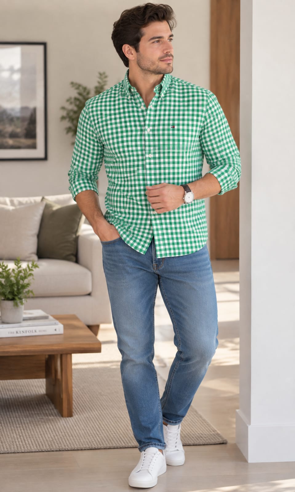 Camisa de Hombre Manga Larga a Cuadros Verde y Blanco Tommy Hilfiger