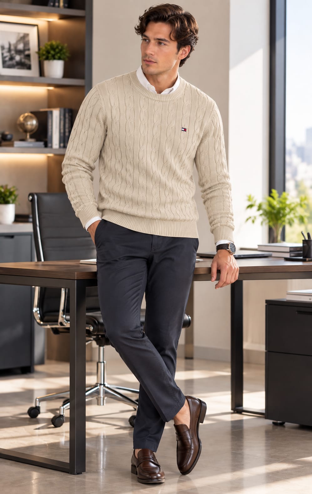 Suéter para Hombre Beige con Tejido Trenzado Tommy Hilfiger