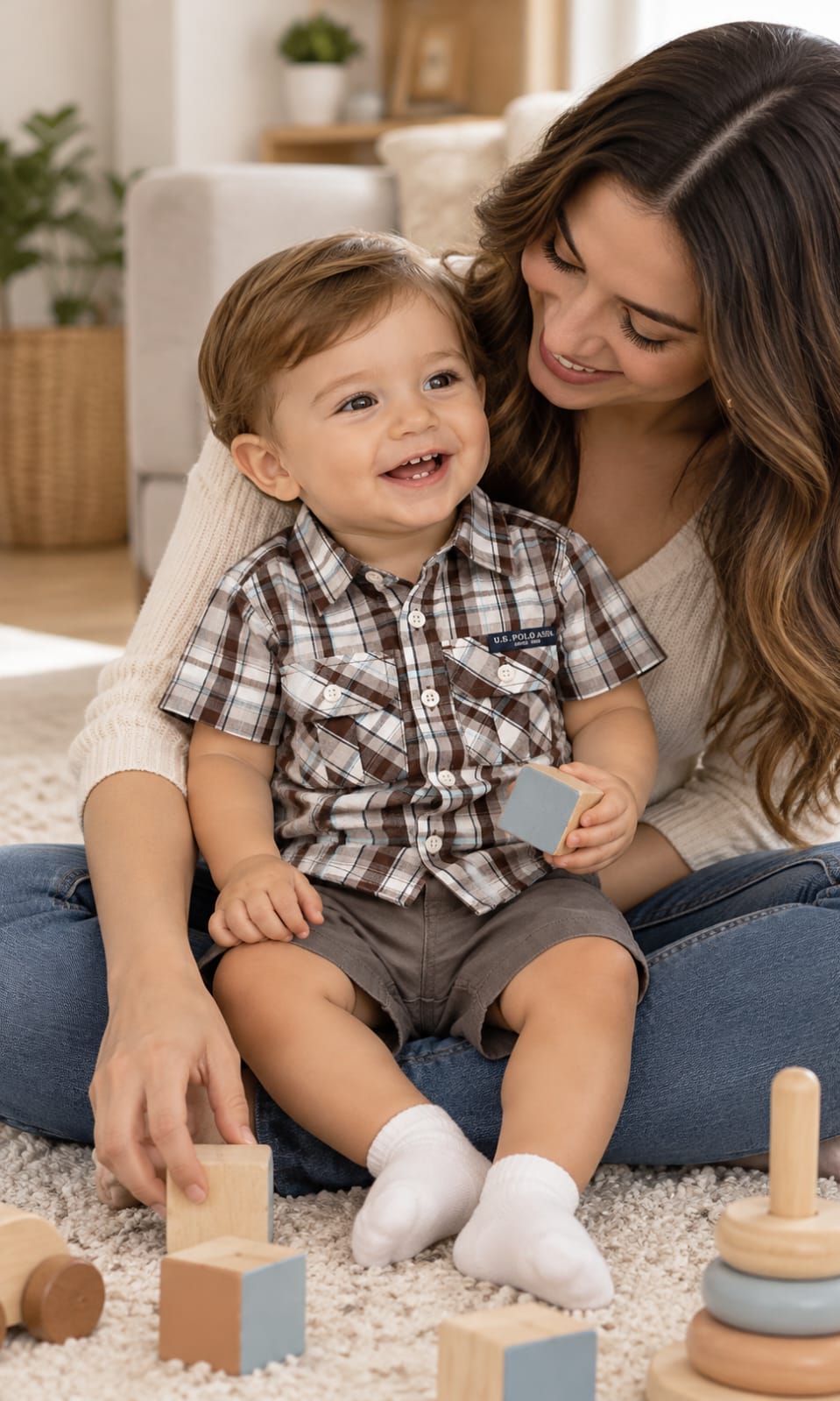 Conjunto para bebé de 12 meses camisa manga corta y short en café, gris y blanco