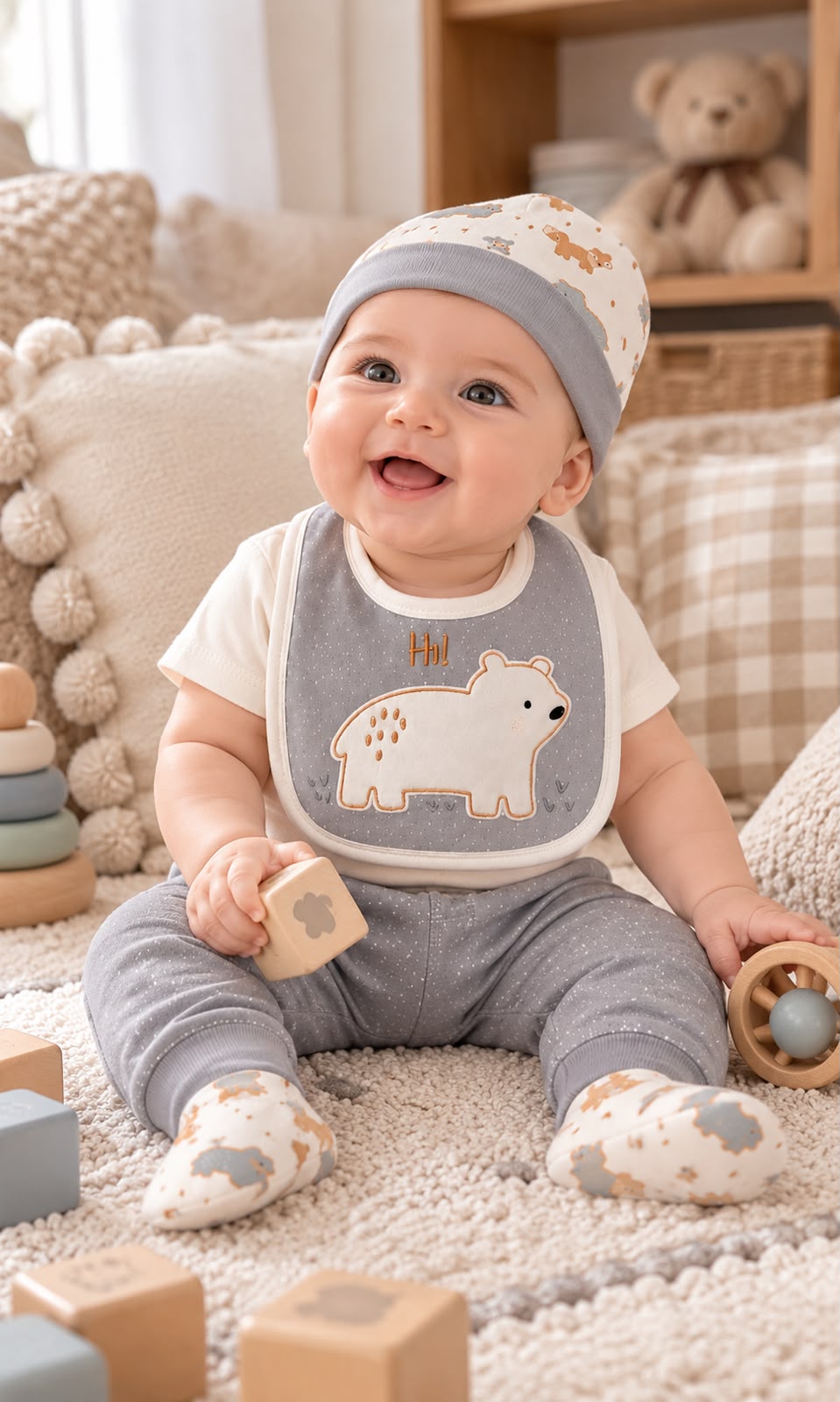 Conjunto de 7 piezas para bebé 6-9 meses blanco, gris y café