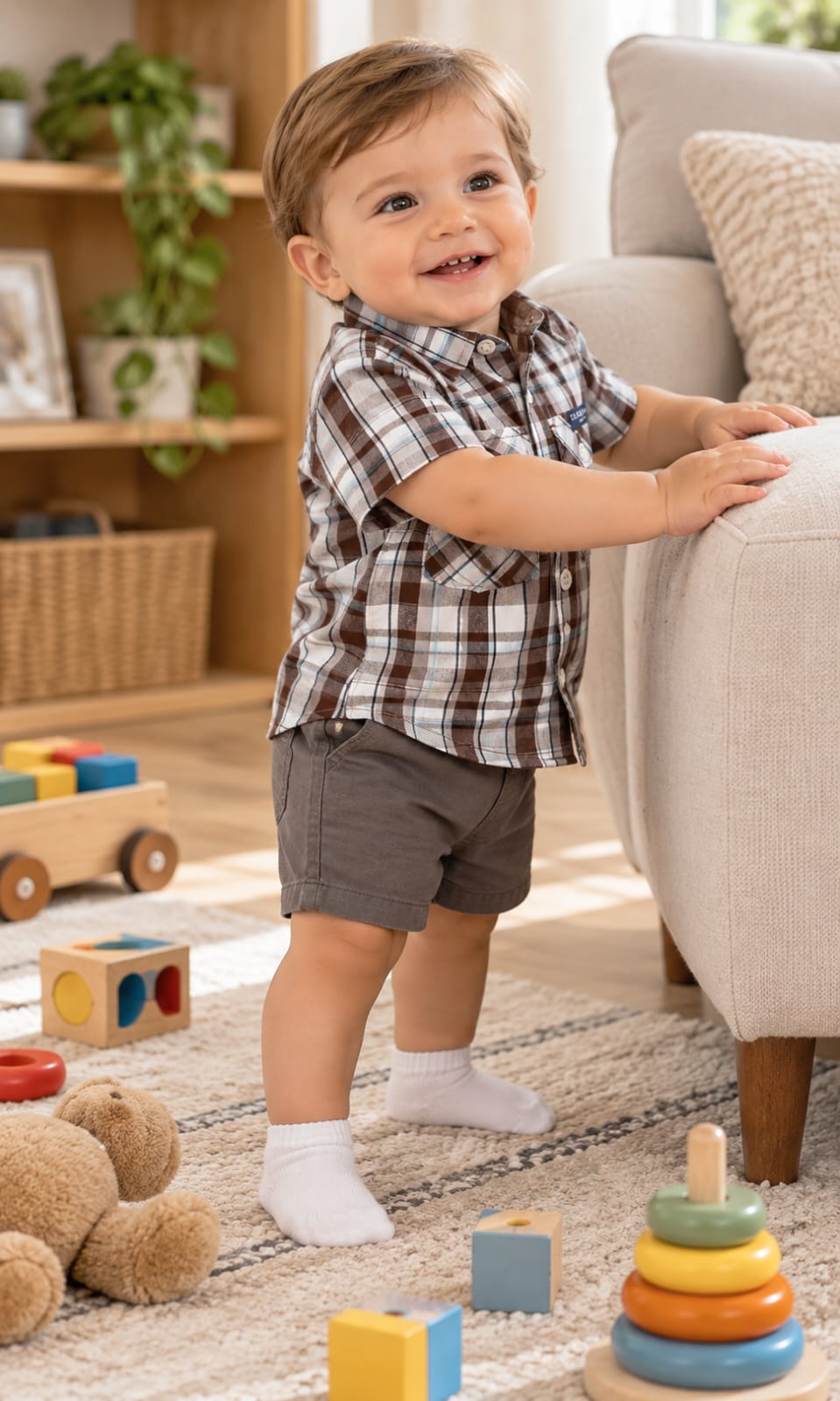 Conjunto para bebé de 12 meses camisa manga corta y short en café, gris y blanco