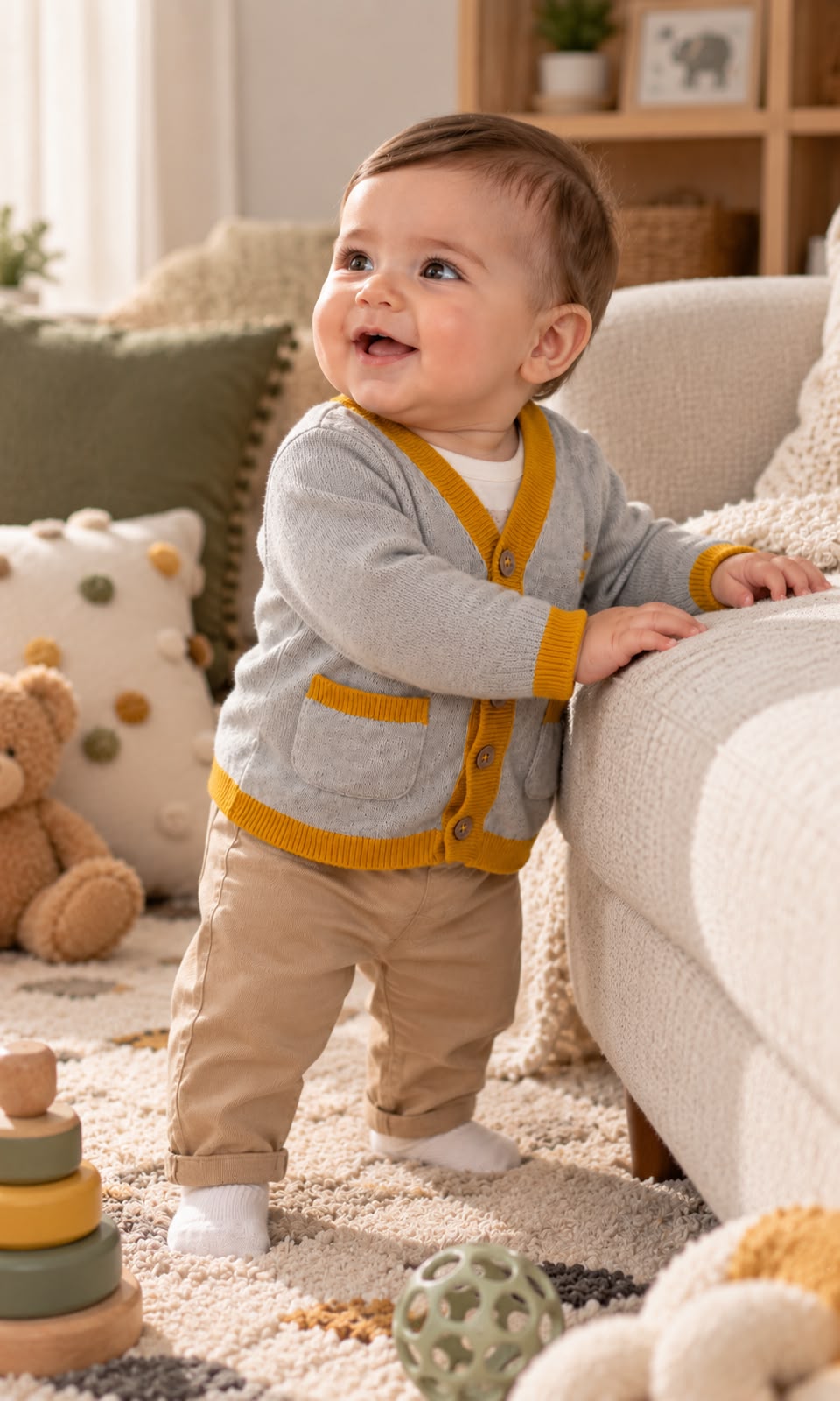 Suéter tipo cárdigan First Impressions para bebé 6-9 meses gris con amarillo