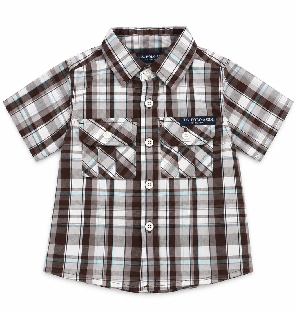 Conjunto para bebé de 12 meses camisa manga corta y short en café, gris y blanco