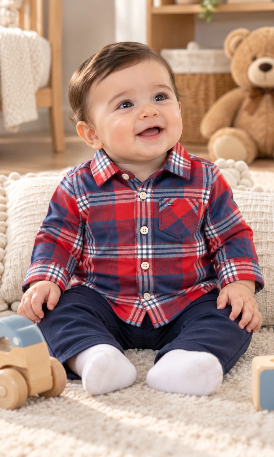 Camisa Tommy Hilfiger de manga larga para bebé 3-6 meses roja, azul y blanca