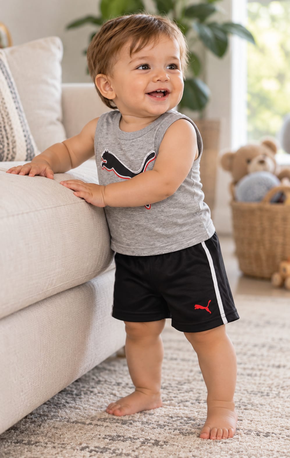 Conjunto para bebé de 12 meses con camiseta sin mangas y short gris y negro