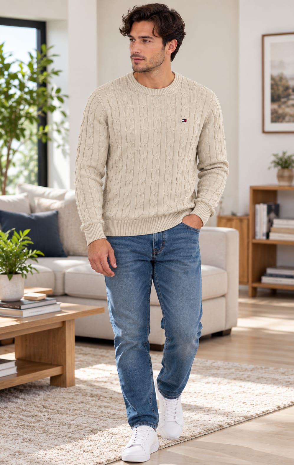 Suéter para Hombre Beige con Tejido Trenzado Tommy Hilfiger