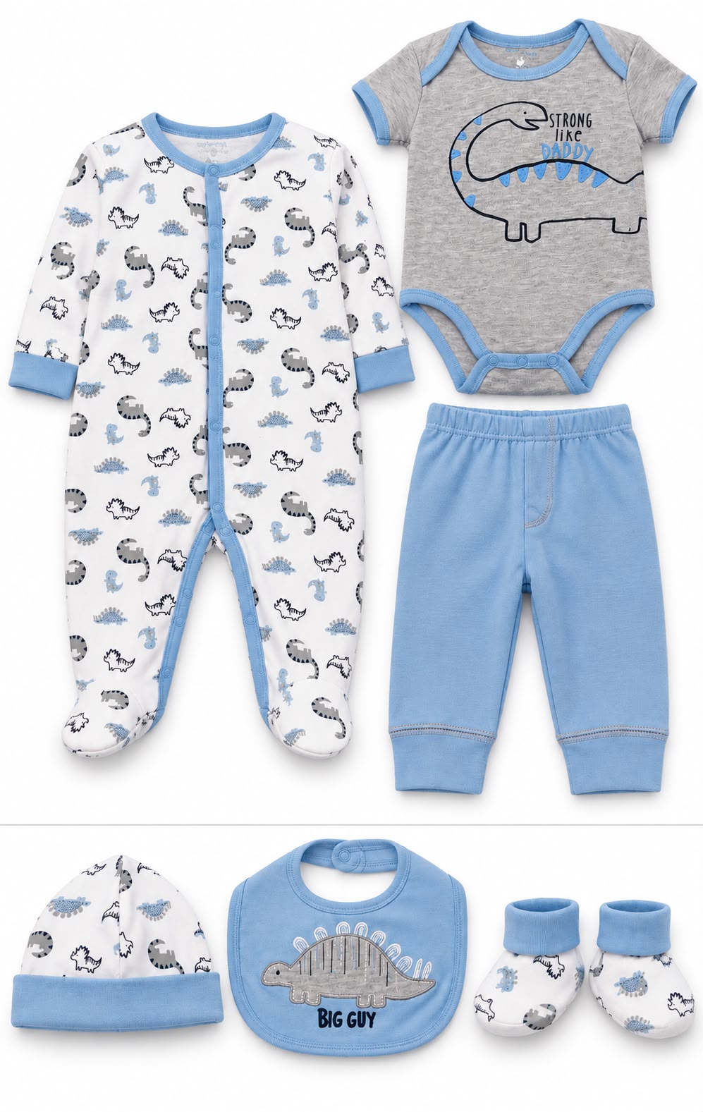 Conjunto de 7 piezas para bebé 6-9 meses azul claro, gris y blanco