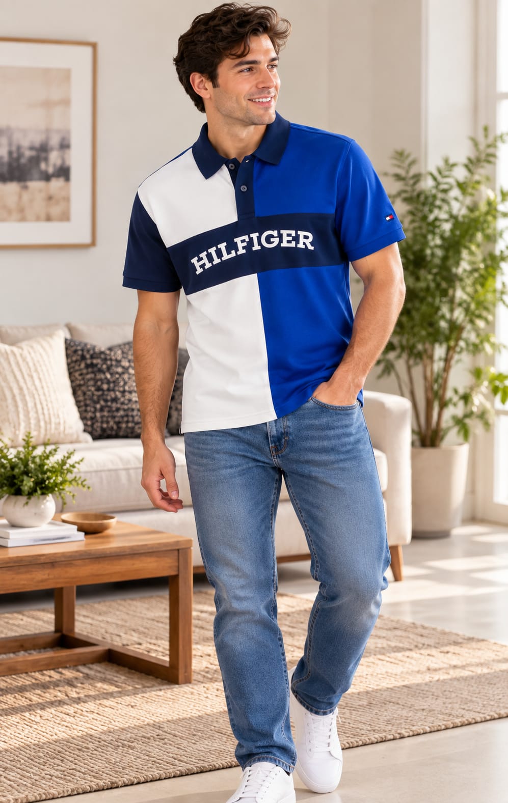 Playera para Hombre Azul y Blanco de Manga Tommy Hilfiger