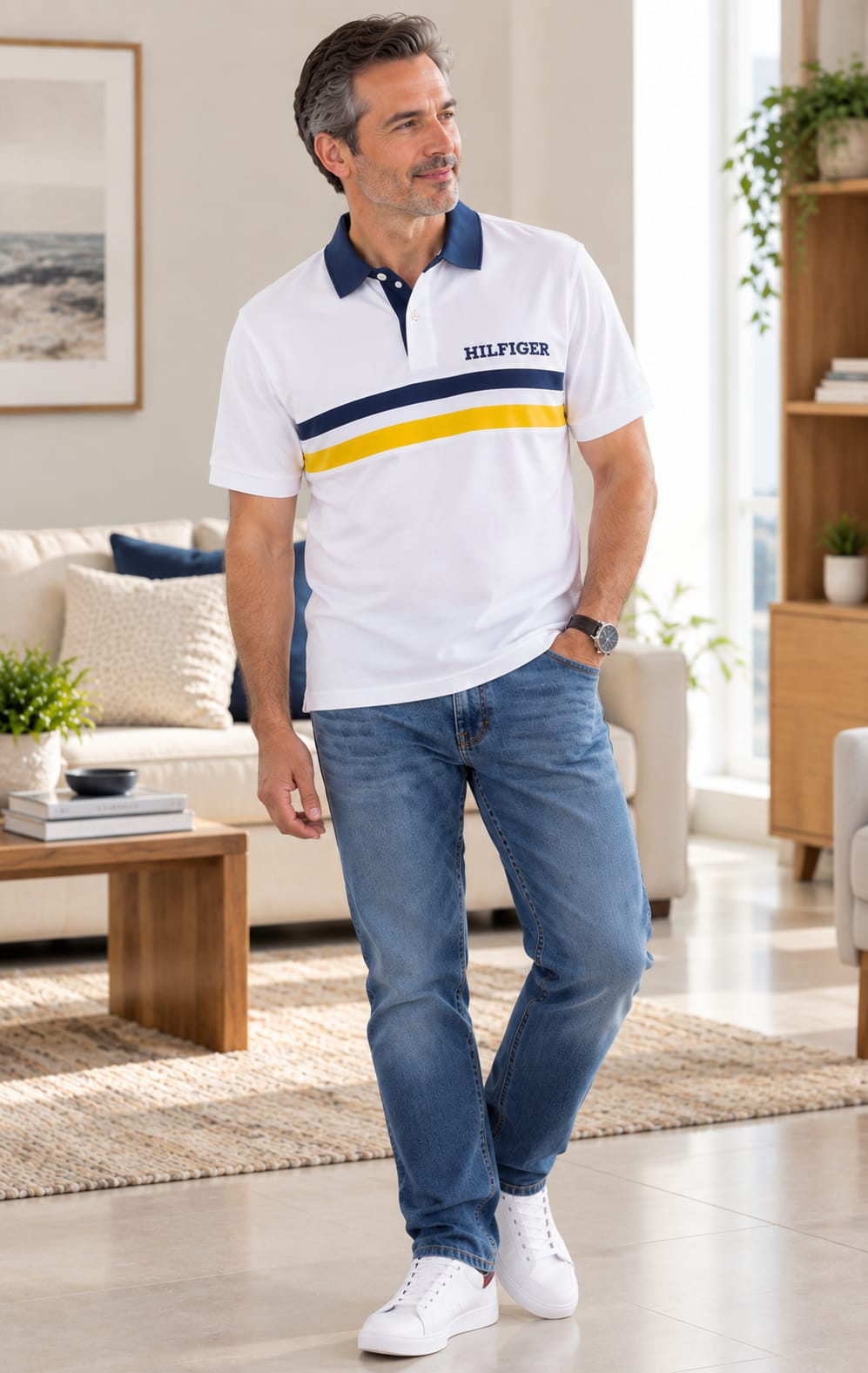Playera para Hombre Blanca con Detalles Azul Marino y Amarillo Tommy Hilfiger