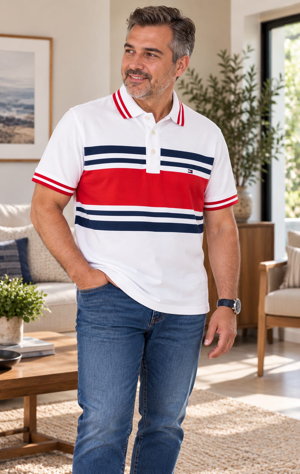 Playera Polo para Hombre Blanca con Detalles Rojo y Azul Tommy Hilfiger