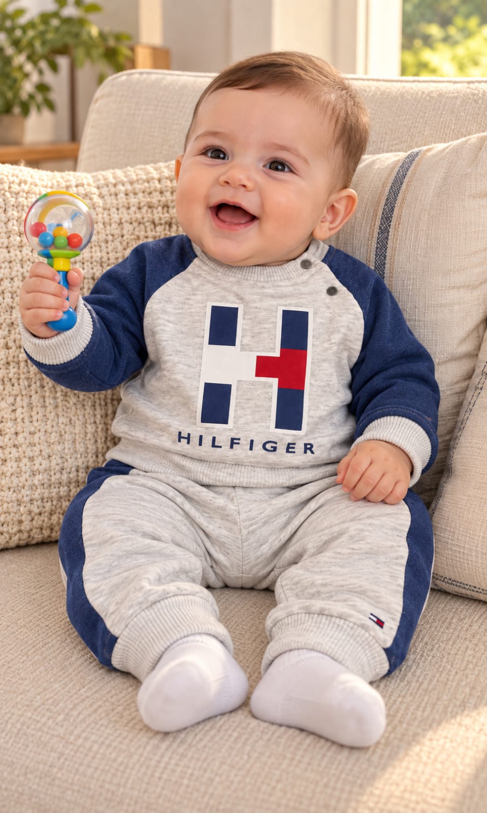 Conjunto Tommy Hilfiger de pants y sudadera para bebé 3-6 meses gris y azul marino