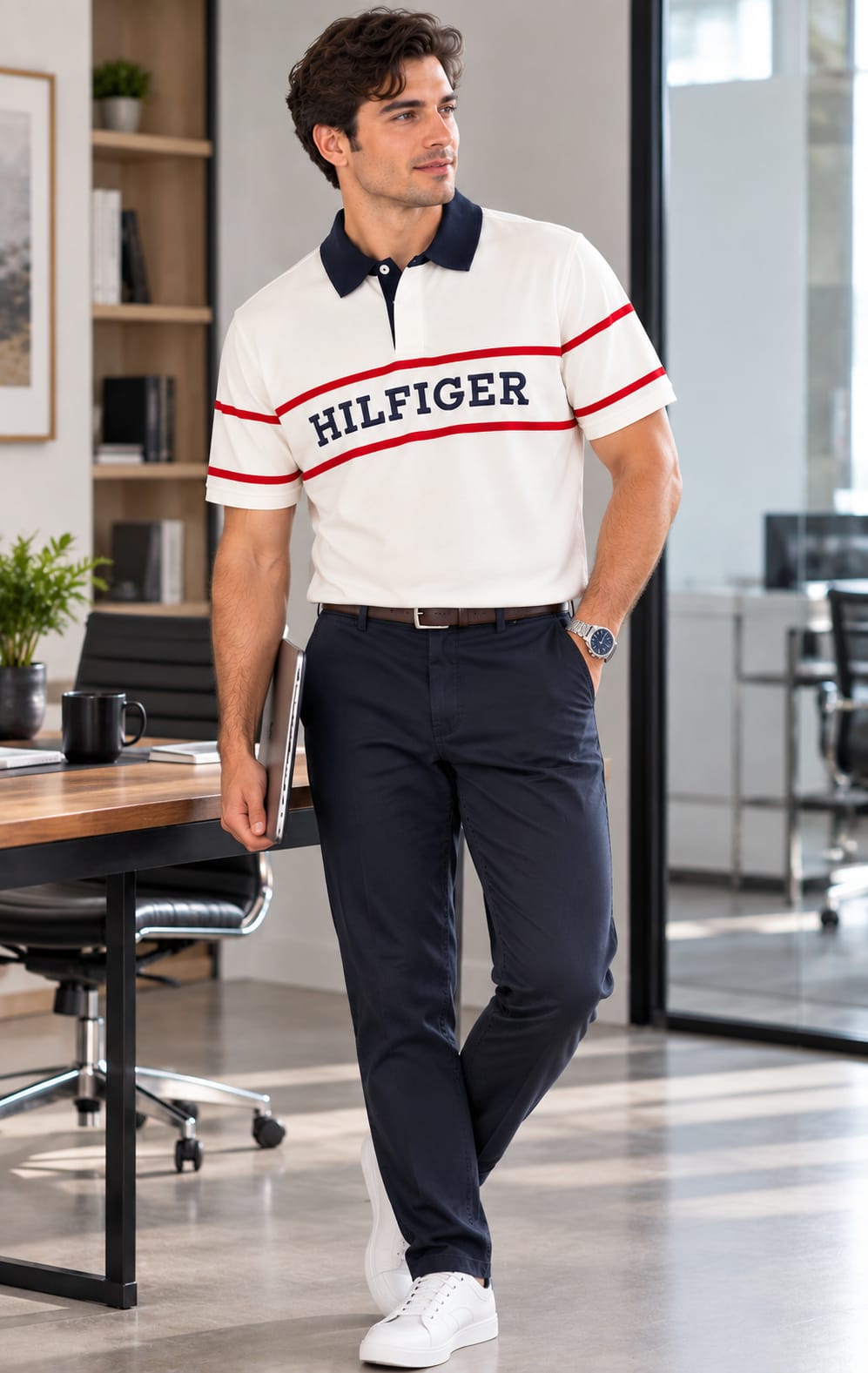 Playera para Hombre Blanca con Cuello Azul Marino Tommy Hilfiger