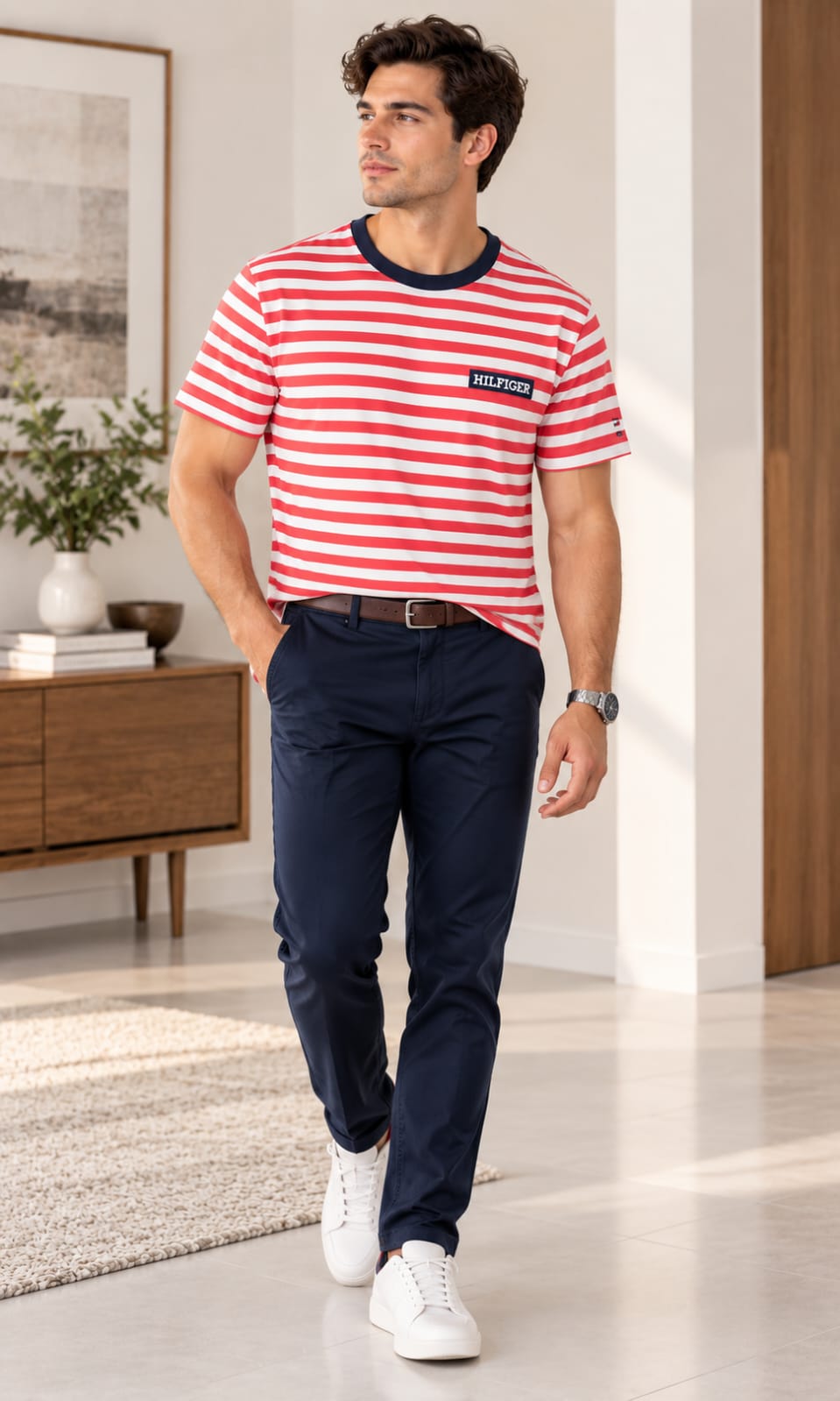 Playera de Hombre a Rayas Coral y Blanco Tommy Hilfiger