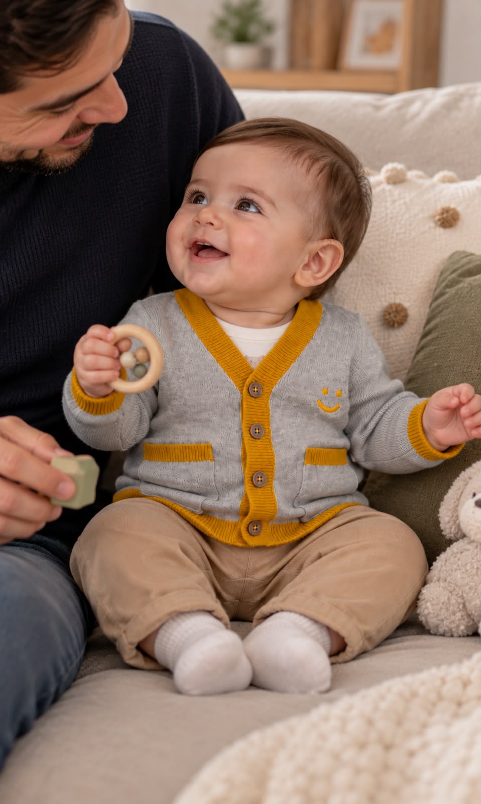 Suéter tipo cárdigan First Impressions para bebé 6-9 meses gris con amarillo