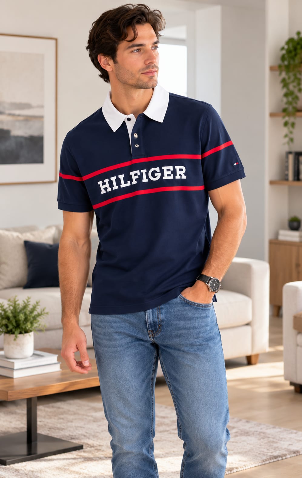 Playera para Hombre Azul Marino con Cuello Blanco Tommy Hilfiger