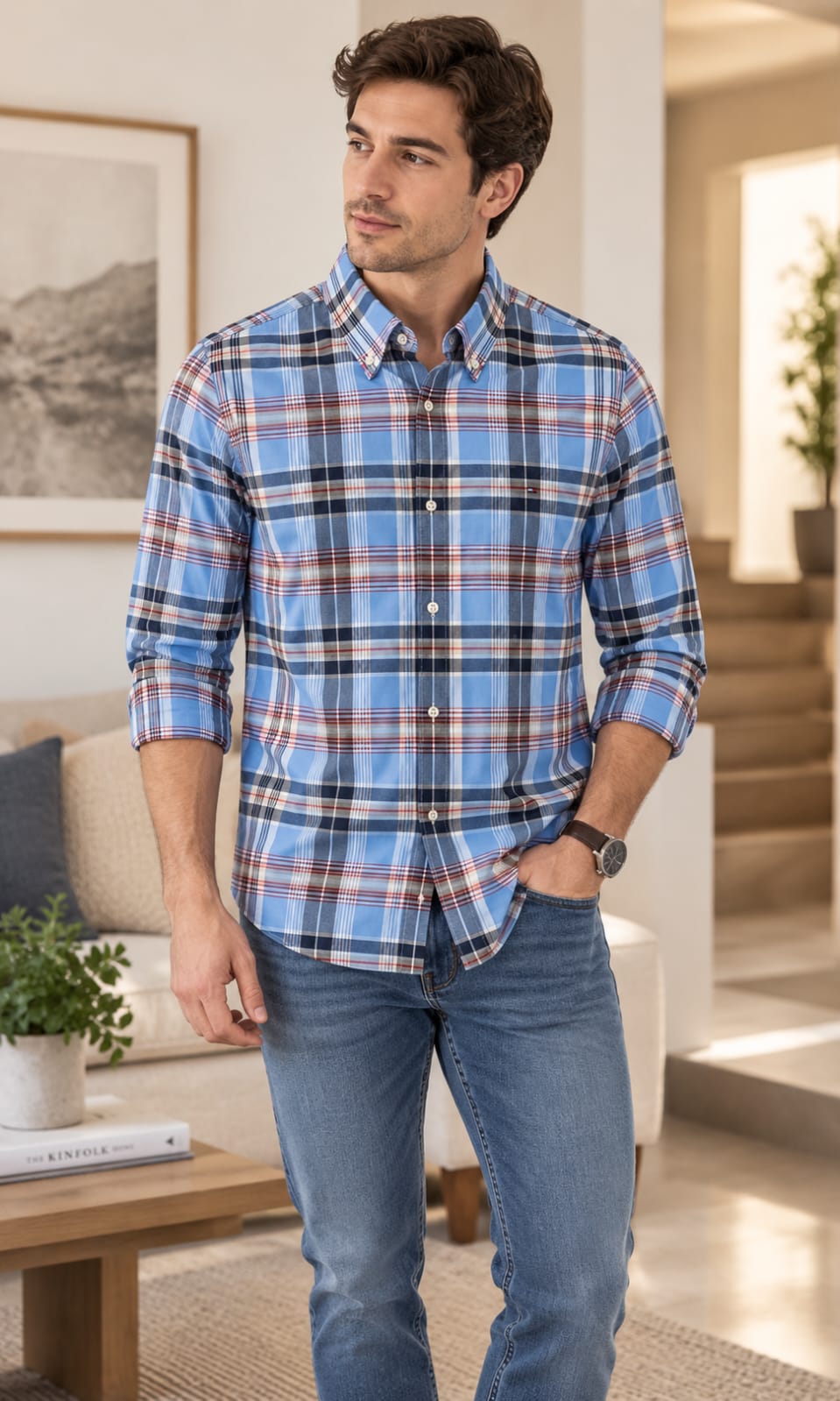 Camisa de Hombre a Cuadros Azul Claro, Blanco y Rojo Manga Larga Tommy Hilfiger