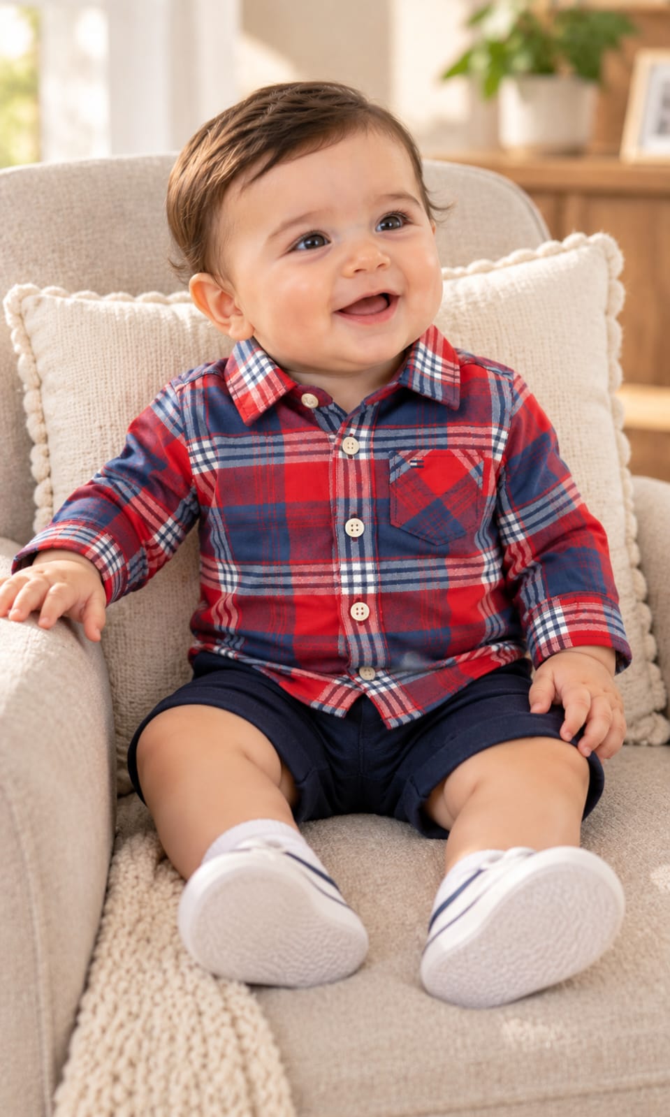 Camisa Tommy Hilfiger de manga larga para bebé 3-6 meses roja, azul y blanca
