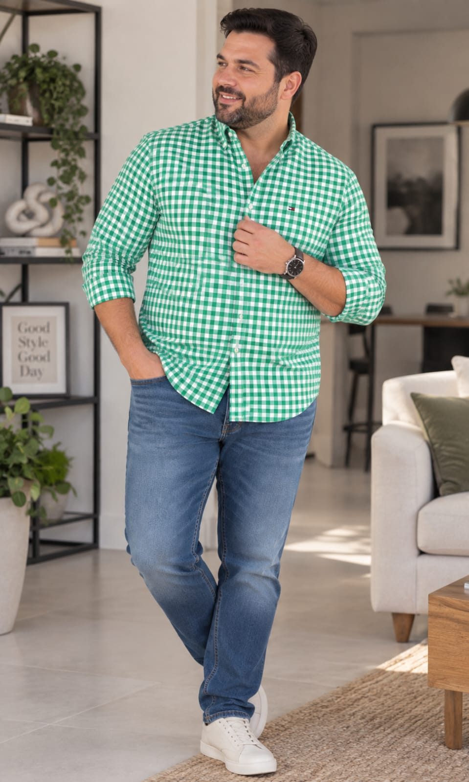 Camisa de Hombre Manga Larga a Cuadros Verde y Blanco Tommy Hilfiger