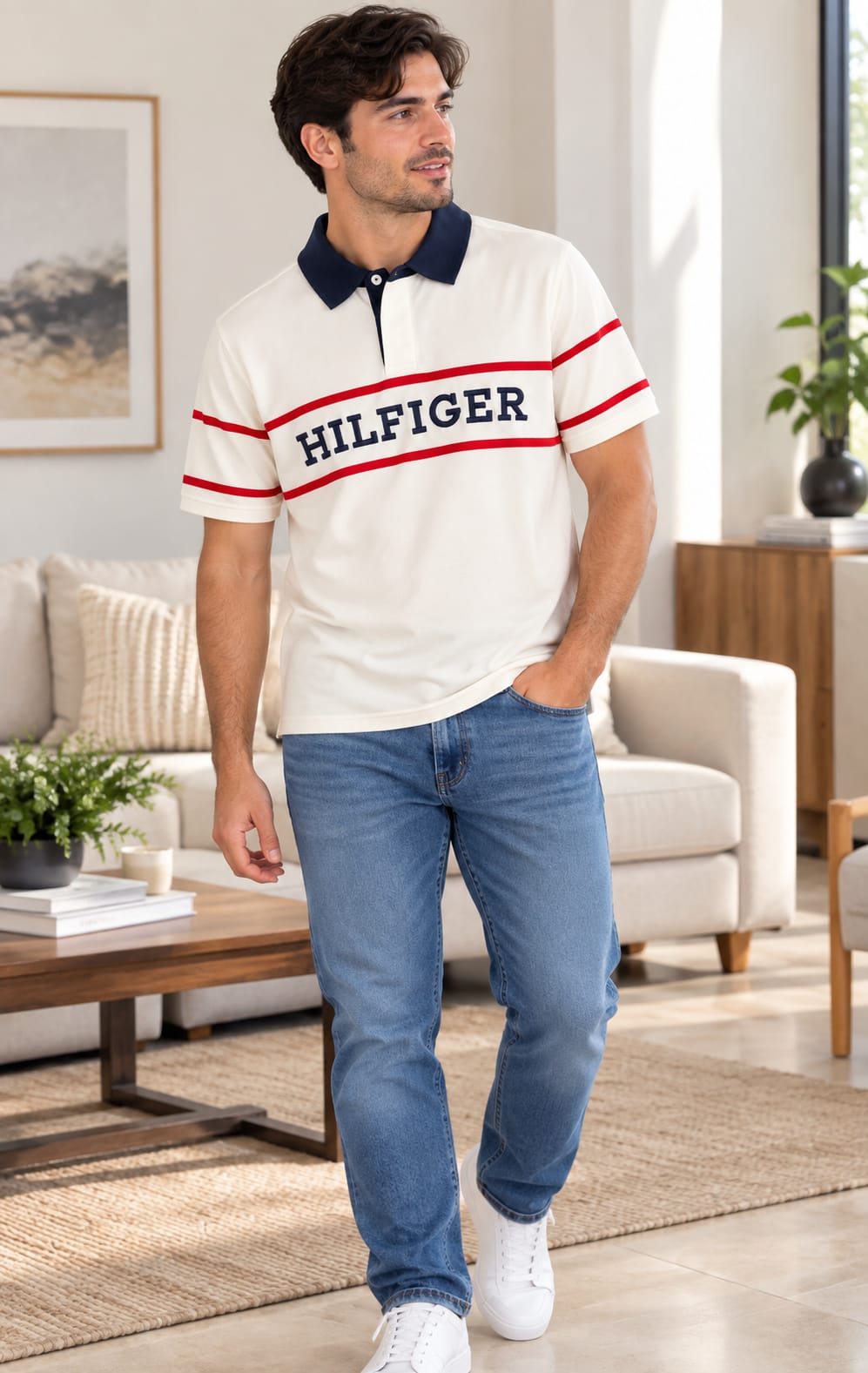 Playera para Hombre Blanca con Cuello Azul Marino Tommy Hilfiger