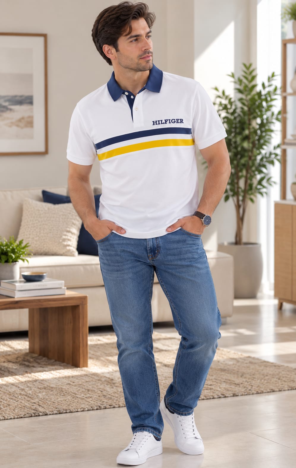 Playera para Hombre Blanca con Detalles Azul Marino y Amarillo Tommy Hilfiger