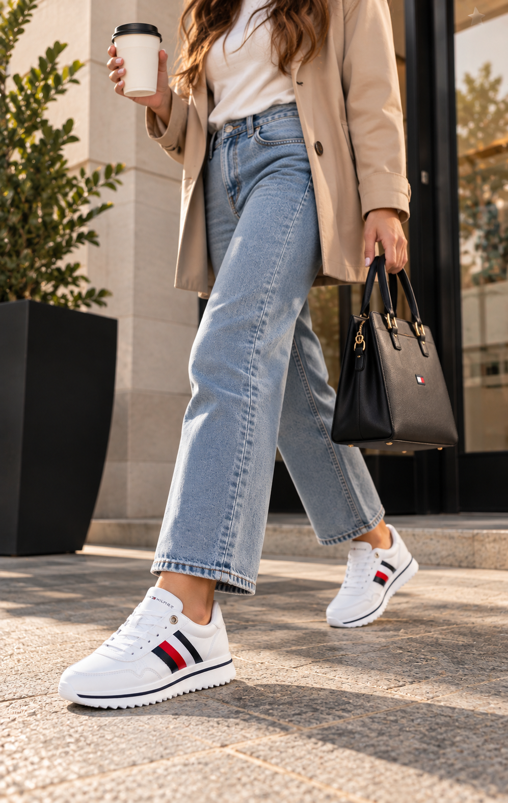 Tenis para Dama Blancos con Franjas Azul Marino y Rojo