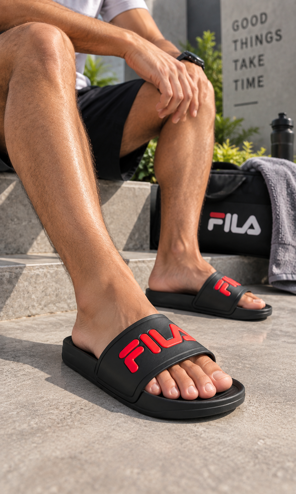 Sandalias Fila Negras con Rojo