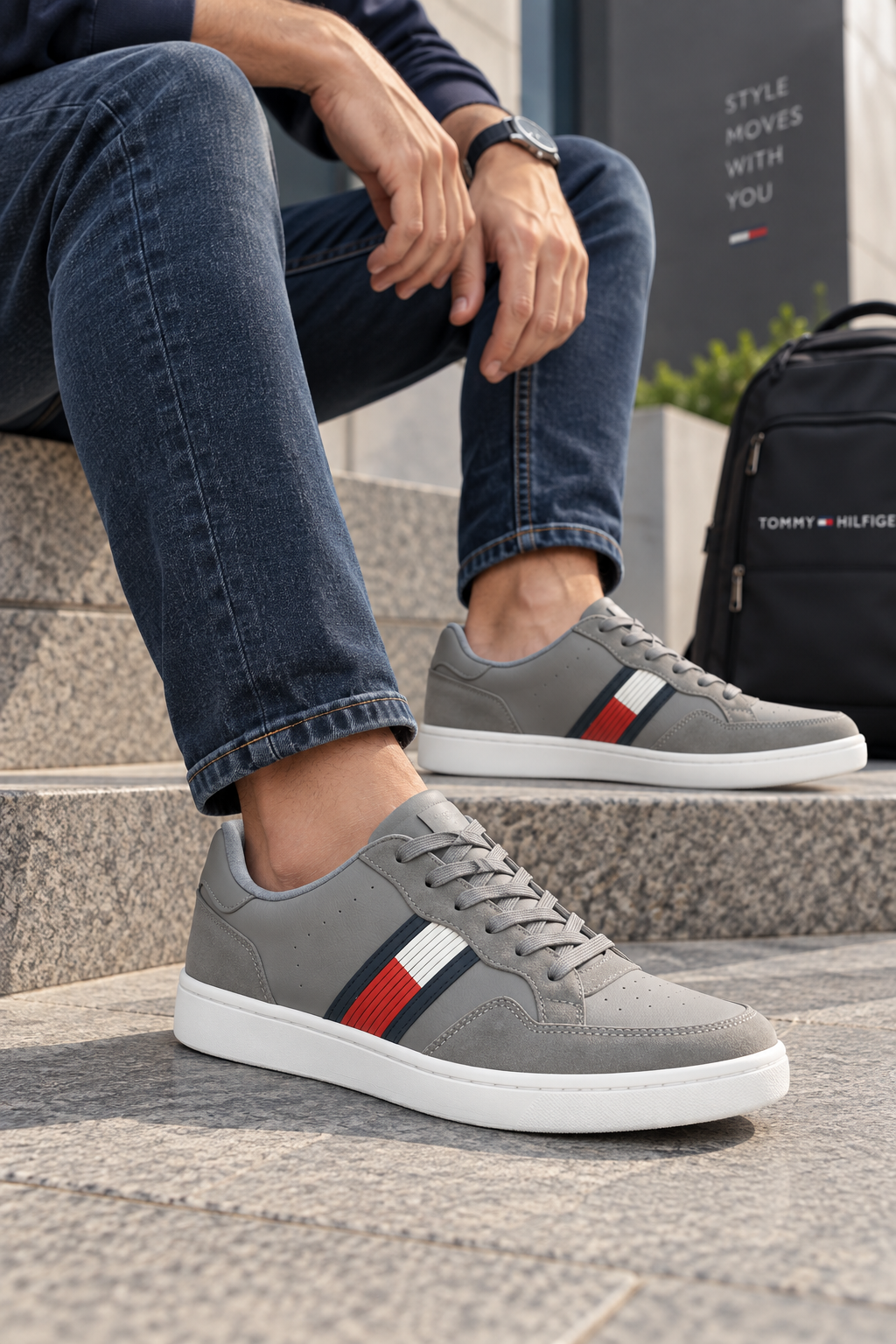 Tenis Casual para Hombre Gris de Piel con Detalles de Gamuza