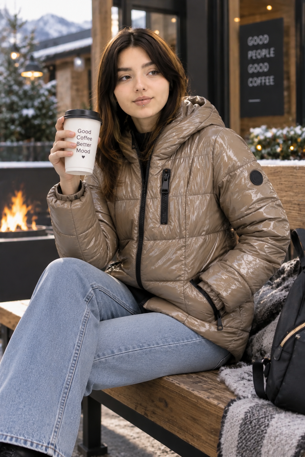 Chamarra Calvin Klein para Mujer Café Acolchada con Acabado Brillante