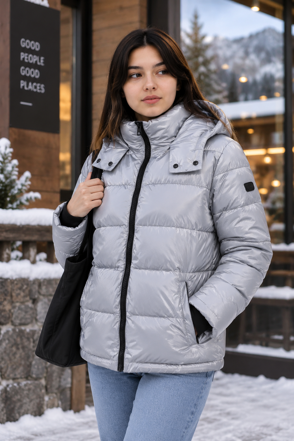 Chamarra Calvin Klein para Mujer Plateada Brillante con Detalles Negros