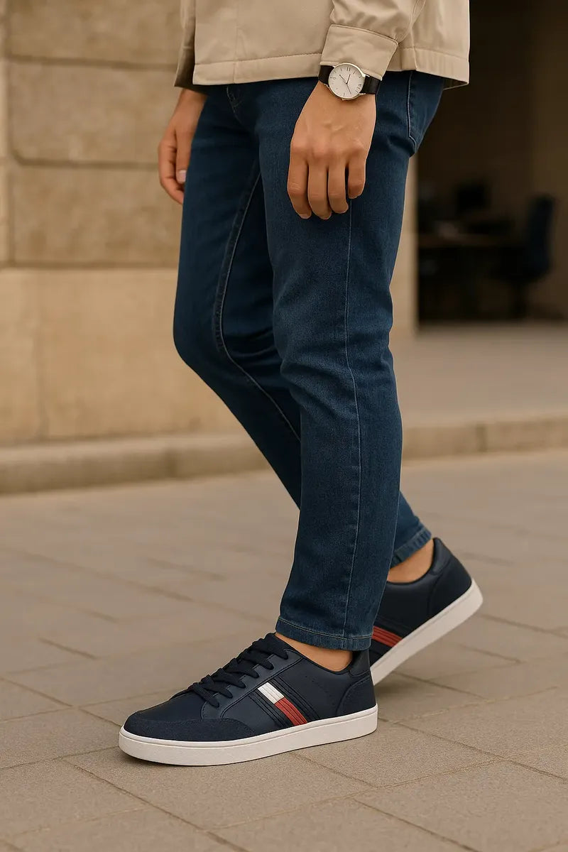 Tenis Casual para Hombre Azul Marino de Piel con Detalles de Gamuza