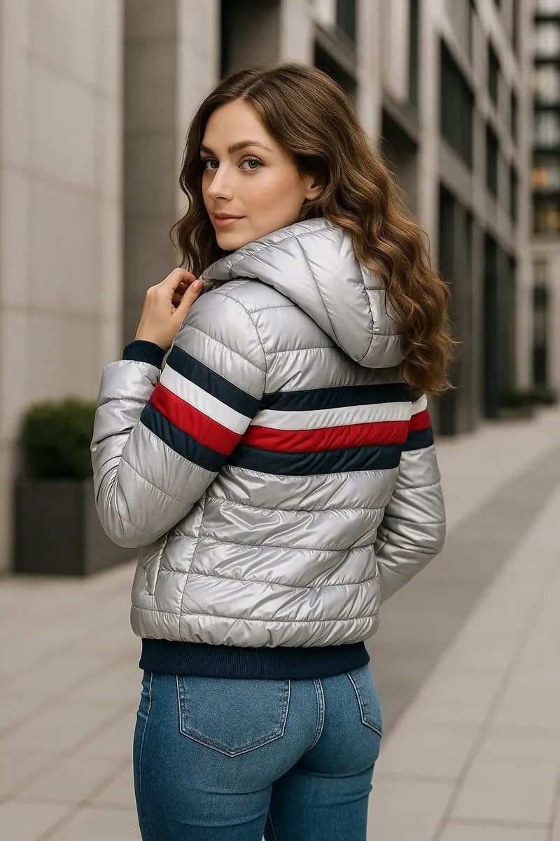 Chamarra para Mujer Plateada Metálica Tricolor Acolchada