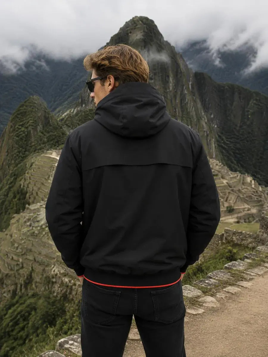 Chamarra para Hombre Negra con Naranja, Acolchada y con Gorro