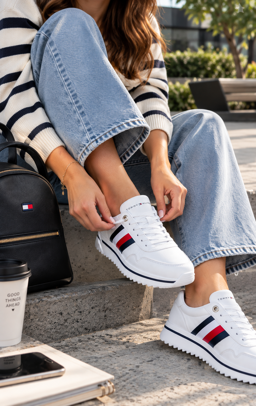 Tenis para Dama Blancos con Franjas Azul Marino y Rojo
