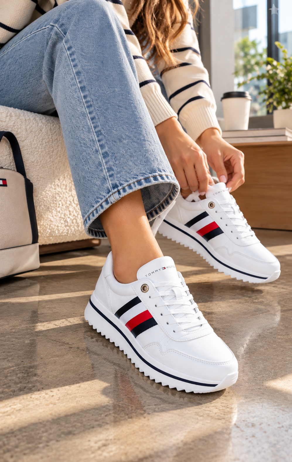 Tenis para Dama Blancos con Franjas Azul Marino y Rojo