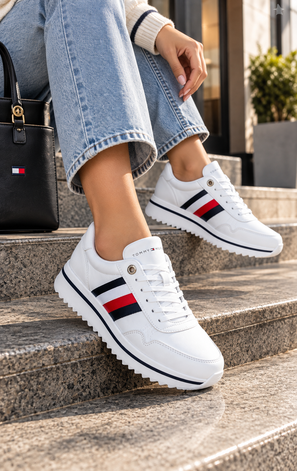 Tenis para Dama Blancos con Franjas Azul Marino y Rojo
