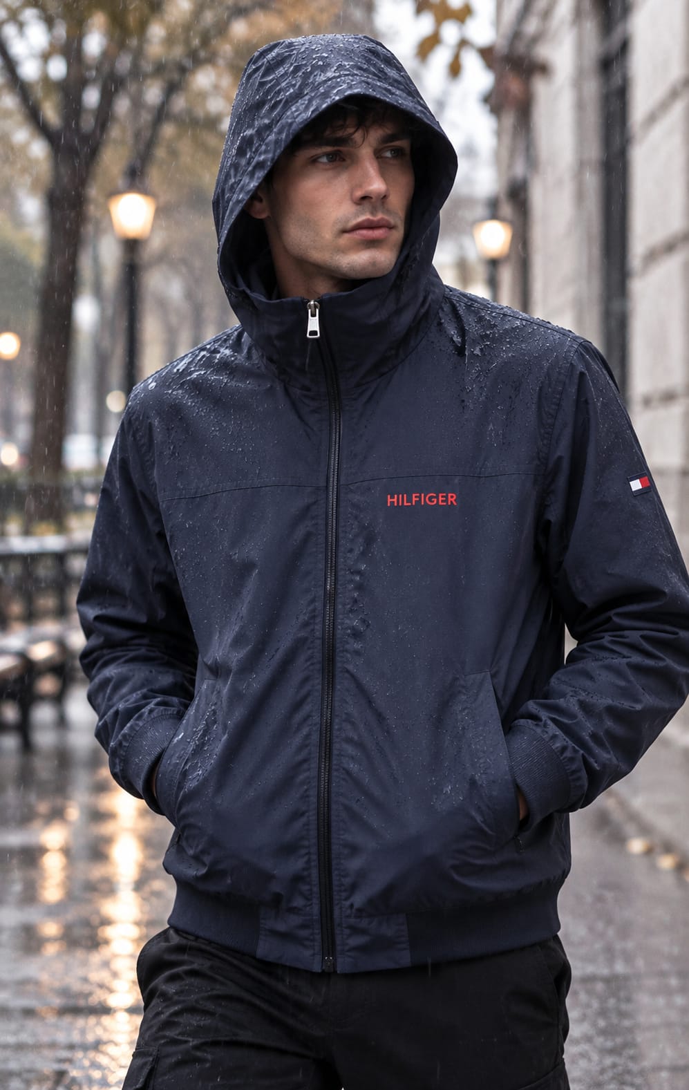 chamarra Azul Marino Para Hombre Con Gorro Impermeable